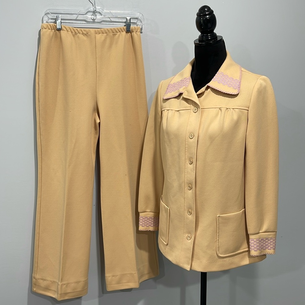MARTY GUTMACHER NY vintage 1960s suit pants and jacket sand yellow embroidered